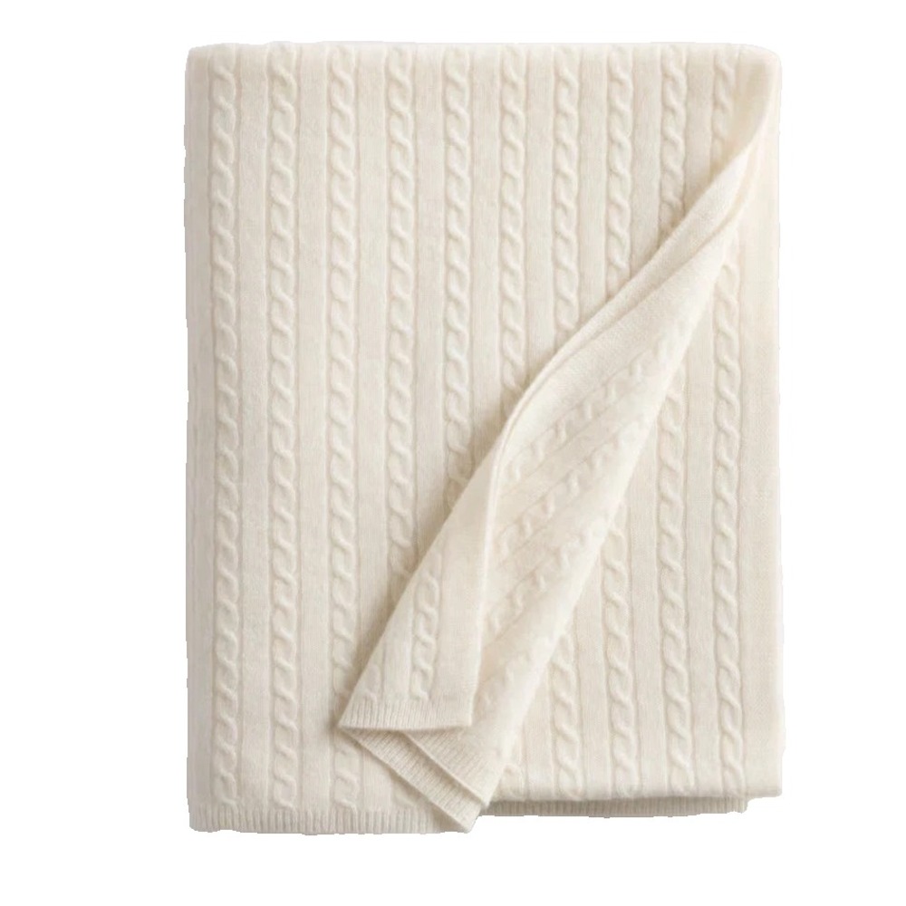 $165 QUINCE Cable Knit Cashmere Throw 50" X 70" Ivory - NWT